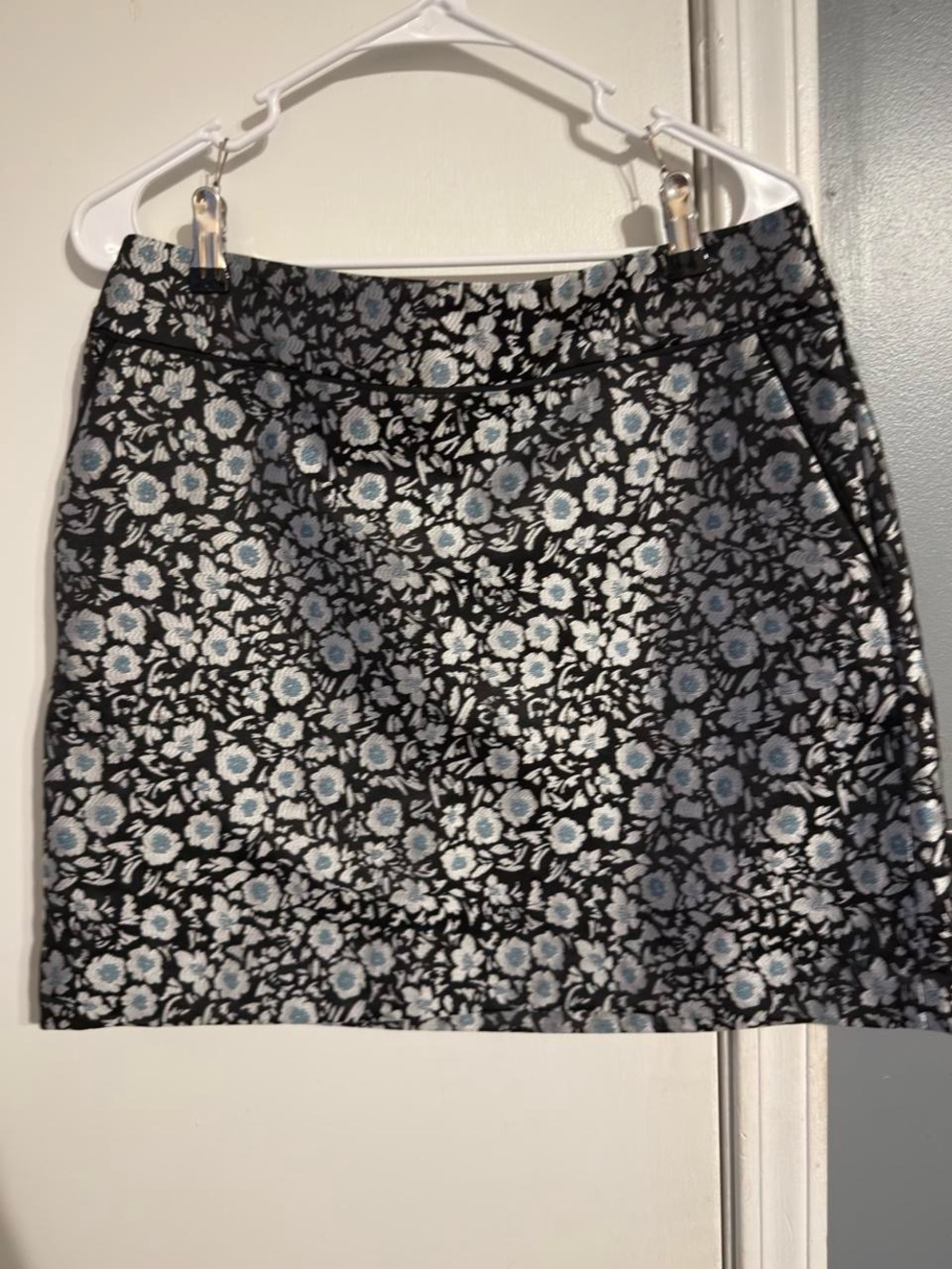 LOFT Black Floral Jacquard Mini Skirt with Light Blue Accents